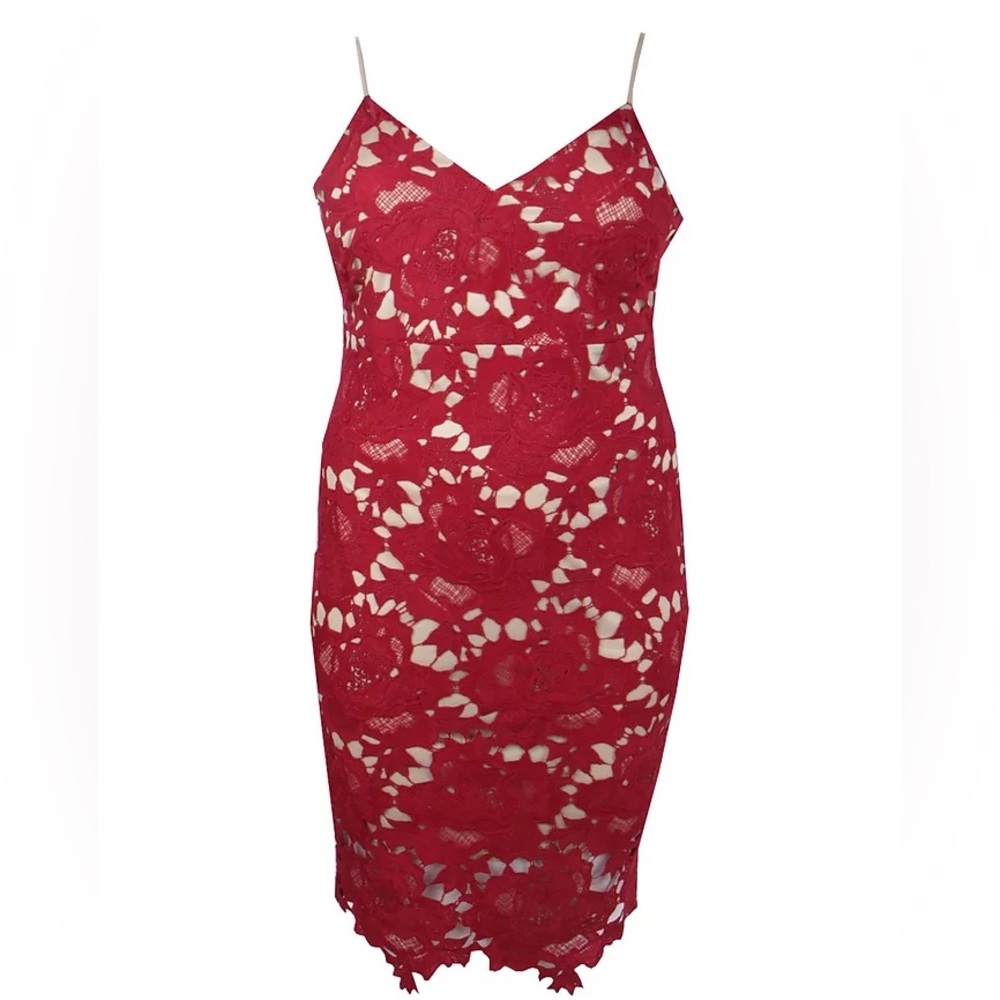 NWT Red Boohoo cocktail lace midi dress. Dress has beige lining.